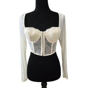 Sincerely Jules Womens Cream Ivory Sheer Lace Corset Crop Top Long Sleeve Size L
